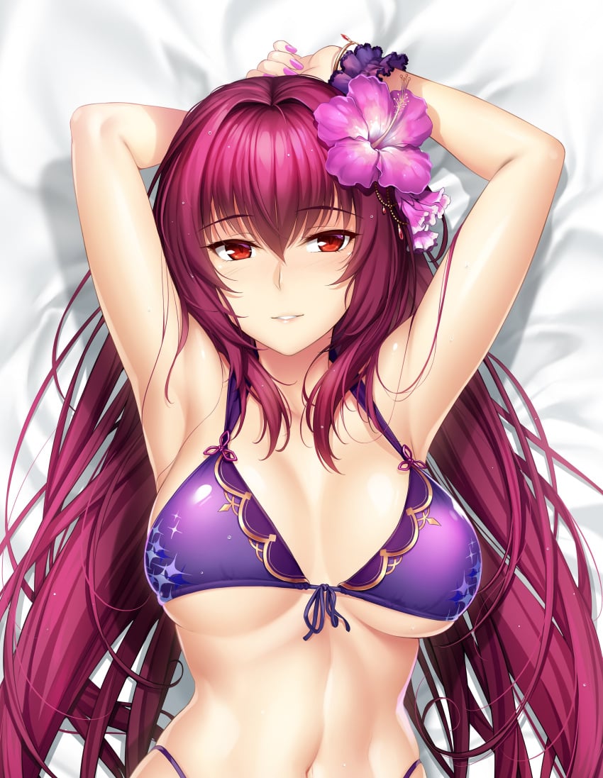 1girls bikini breasts cleavage fate/grand_order fate_(series) female female_only long_hair lying lying_on_back okitakung red_eyes red_hair scathach_(fate) underboob