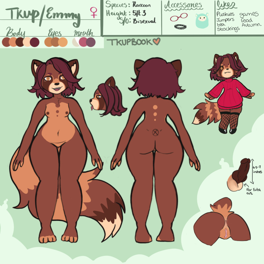 accessory anthro breasts chibi female genitals hi_res information_sheet knot mammal model_sheet nipples penis procyonid pussy raccoon small_breasts solo tkup_(tkupbook) tkupbook