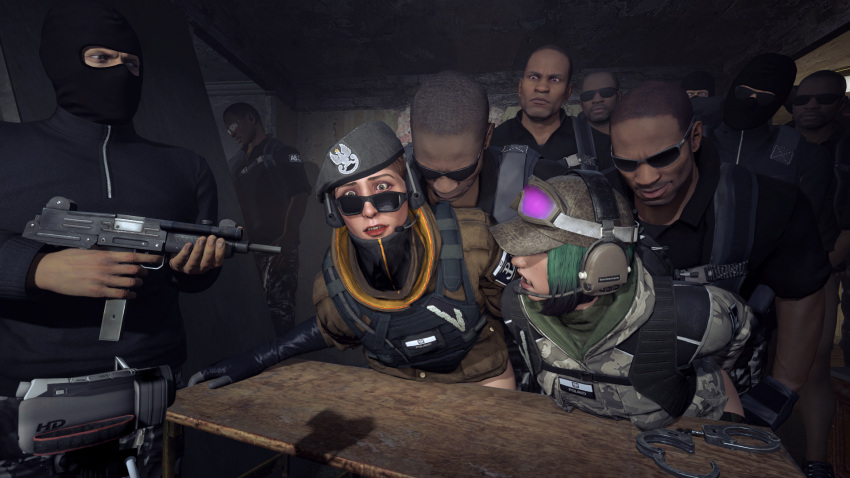 10boys 2girls 3d ambiguous_penetration blue_eyes brown_eyes brown_hair captured clothed dark-skinned_male dark_skin defeated ela_(rainbow_six) gangbang gangrape green_hair handcuffs imminent_rape interracial light-skinned_female military military_uniform partially_clothed pulling_down_pants queue rainbow_six rainbow_six_siege running_a_train shocked shocked_expression sisters tom_clancy undressed uniform vercaton waiting_for_turn waiting_in_line zofia_(rainbow_six)