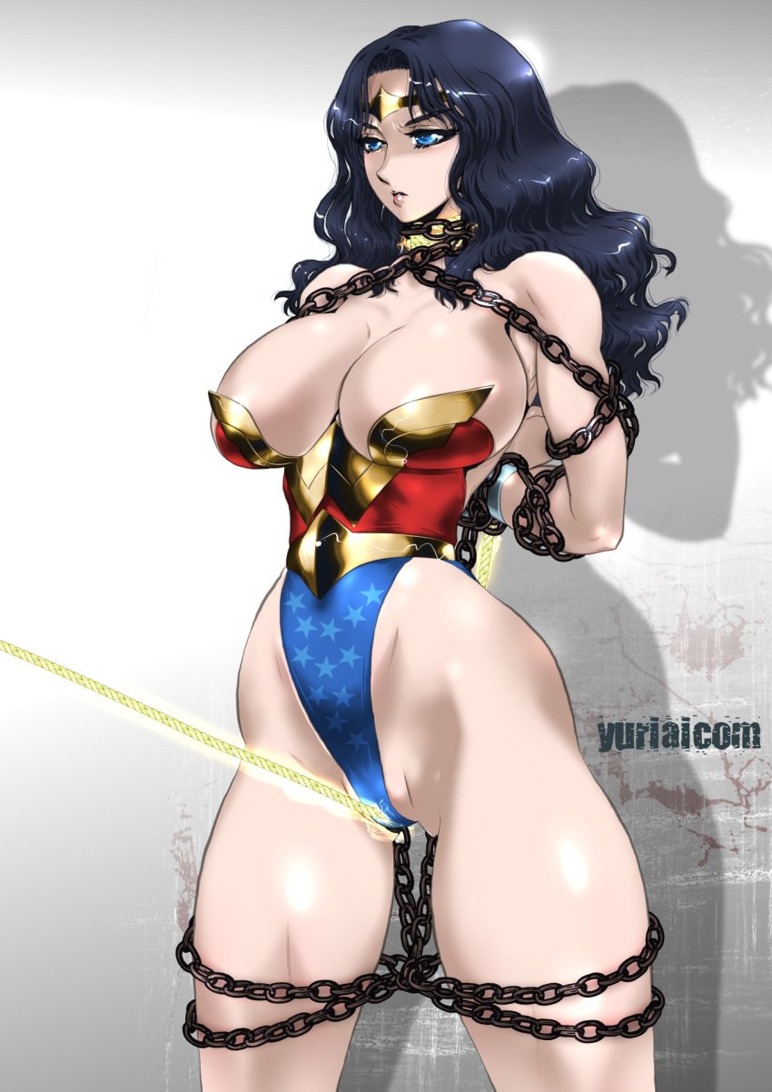 1girls arms_behind_back black_hair blue_eyes bondage cameltoe chained chained_up cleavage dc dc_comics diana_prince enslaved_royal female female_only femsub huge_breasts lasso_of_truth slave slavegirl solo submissive_female tiara wonder_woman wonder_woman_(series) yuri-ai