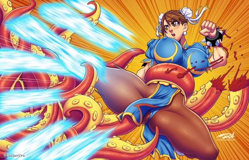 1girls big_breasts brown_eyes brown_hair capcom chinese_clothes chun-li clothing darkereve earrings female female_only hair_bun hi_res kicking nipple_bulge octopus octopus_tentacle pantyhose solo solo_female spiked_bracelet street_fighter tentacle tentacle tentacle_grab thick_thighs