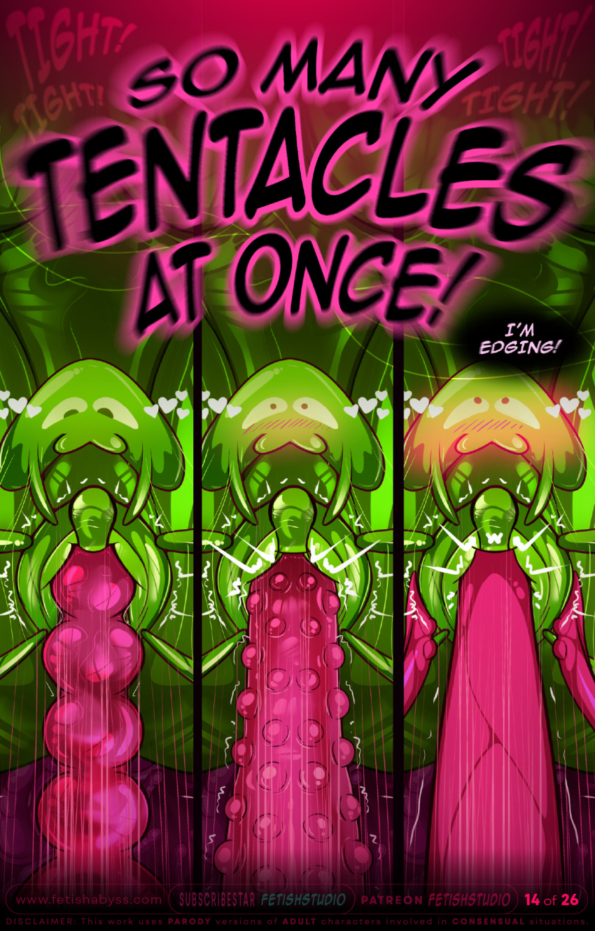 comic comic_page cute_slimes encased encasement fetish_studio fetishabyss fetishstudio full_color gag gagged latex latex_bodysuit latex_clothing latex_suit open_legs open_vagina penetration penis_gag pink_hair plant_transformation rubber rubber_suit slime slime_encasement slimes story_at_source tentacle