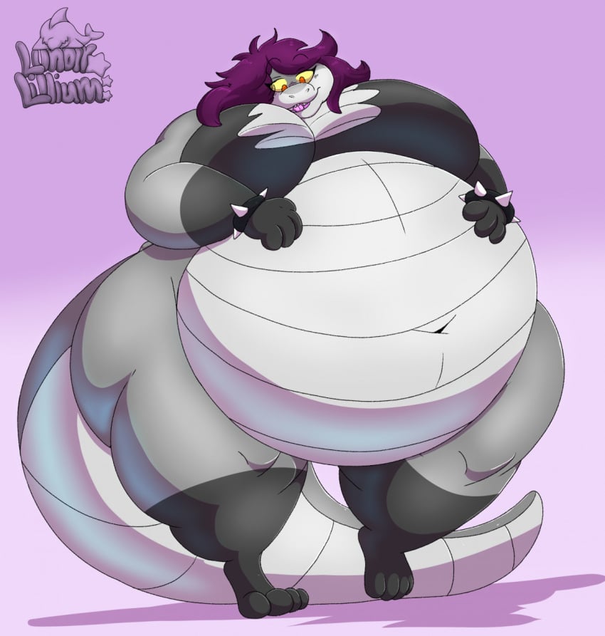 anthro belly big_belly big_tail chubby cobra digital_media_(artwork) fat fat_fur female female_only grey_body gut huge_belly huge_tail junko_(karps) karps navel obese obese_anthro obese_female overweight overweight_anthro overweight_female purple_hair reptile ripped ripped_clothing serpent shirt simple_background snake thick_tail thick_thighs wide_hips