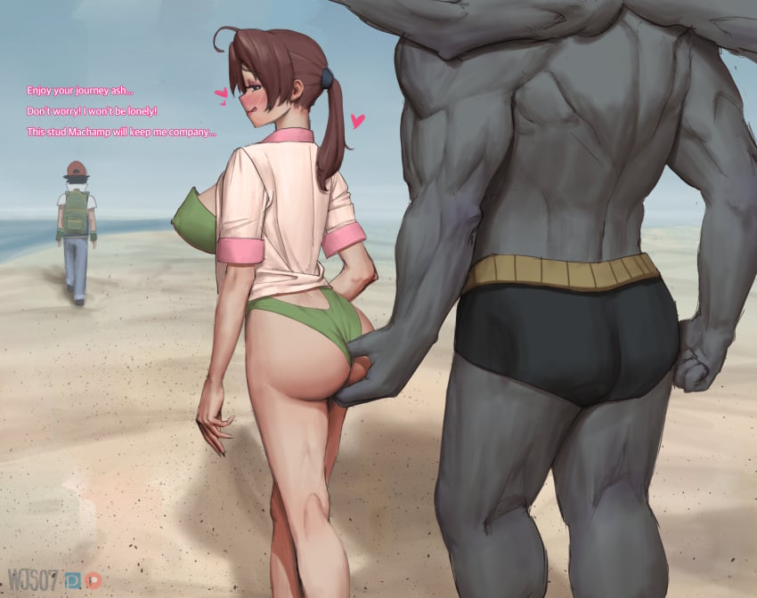 1girls 1pokemon 2boys 4_arms ash_ketchum ass ass_grab backpack bag beach big_breasts big_dom_small_sub breasts brown_hair champed delia_ketchum_(pokemon) english_text female femsub fingering footwear handwear headwear highres human husband_and_wife interspecies large_breasts larger_male machamp male male_pokemon/female_human maledom mother mother_and_son motherly_cuckold multi_arm multi_limb nintendo one-piece_swimsuit outdoors pokemon pokemon_(anime) pokemon_(classic_anime) pokemon_(species) pokephilia satoshi_(pokemon) size_difference smaller_female swimsuit walking wjs07