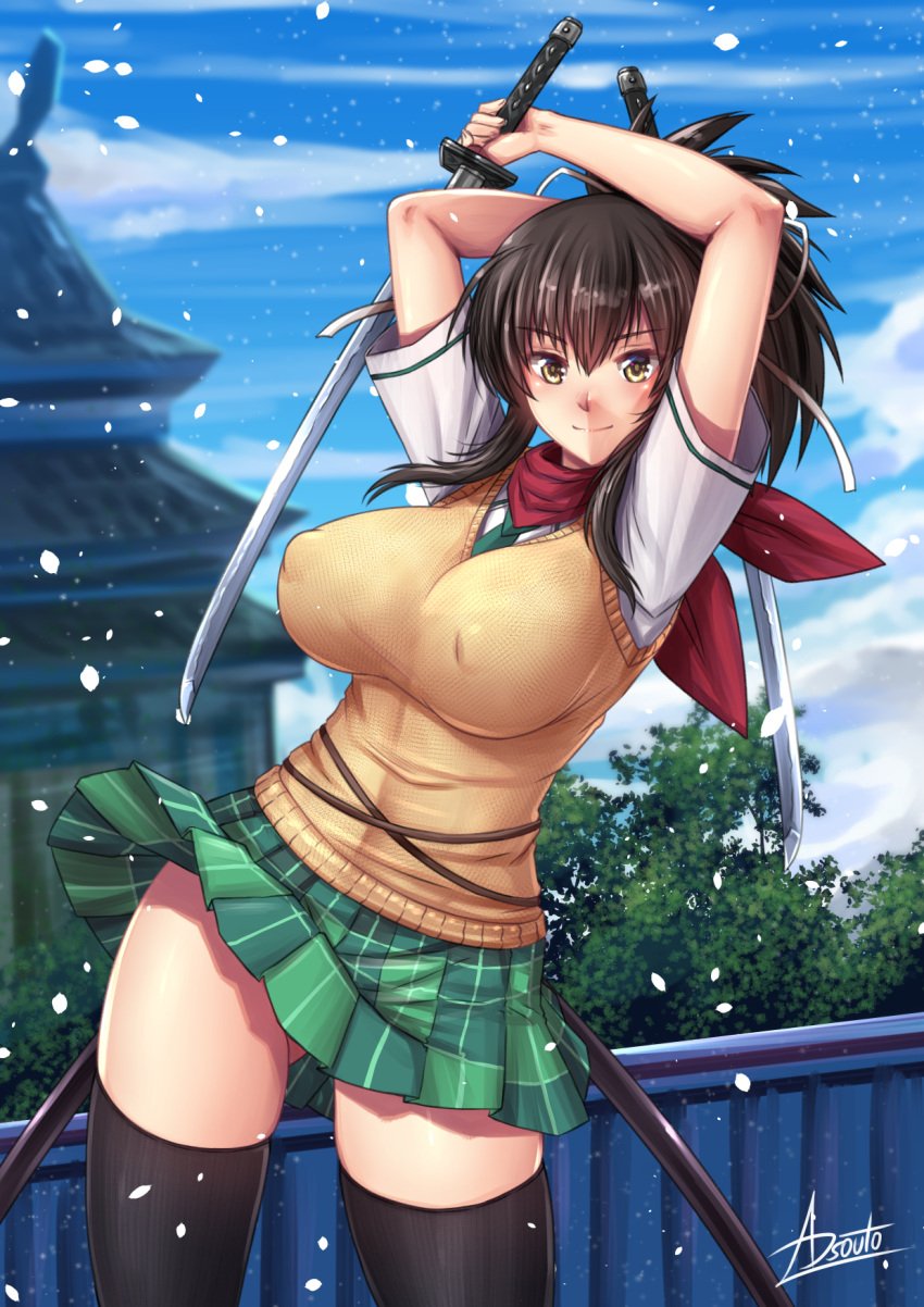 adsouto artist_signature asuka_(senran_kagura) bandage black_hair blush breasts brown_eyes brown_hair dress dual_wielding female green_dress green_neckwear hair_ribbon highres holding holding_sword holding_weapon large_breasts long_hair looking_at_viewer marvelous necktie open_mouth plaid plaid_dress ponytail red_scarf ribbon scarf senran_kagura shirt short_hair skirt smile sweater_vest sword thighhighs vest wakizashi weapon white_ribbon white_shirt