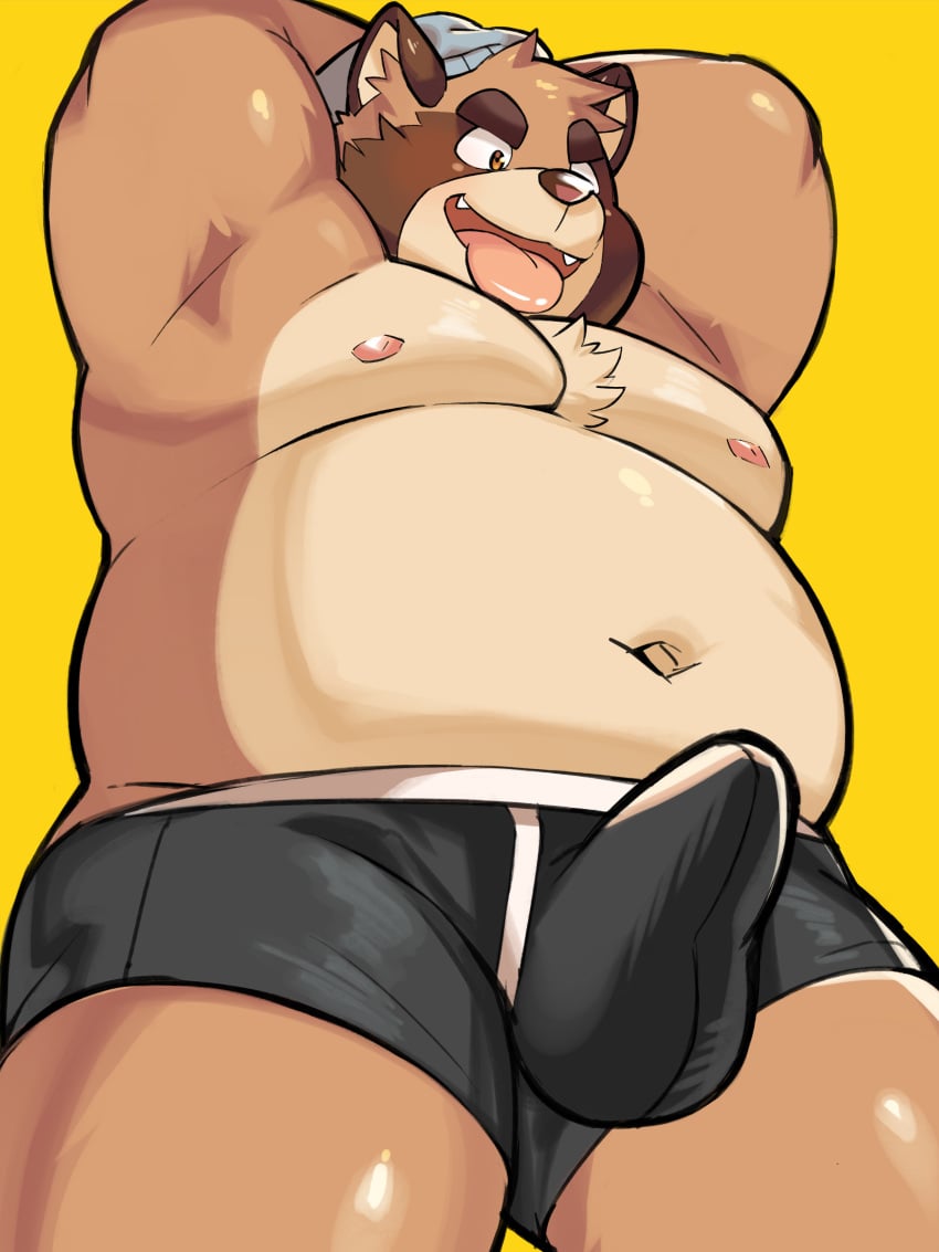 1boy 2021 absurd_res anthro belly black_underwear brown_body brown_fur bulge canid canine clothing danookibake erection erection_under_clothing fur hi_res kemono male male_only mammal moobs navel nipples overweight overweight_male partially_clothed raccoon_dog simple_background solo tanuki tongue tongue_out underwear yellow_background