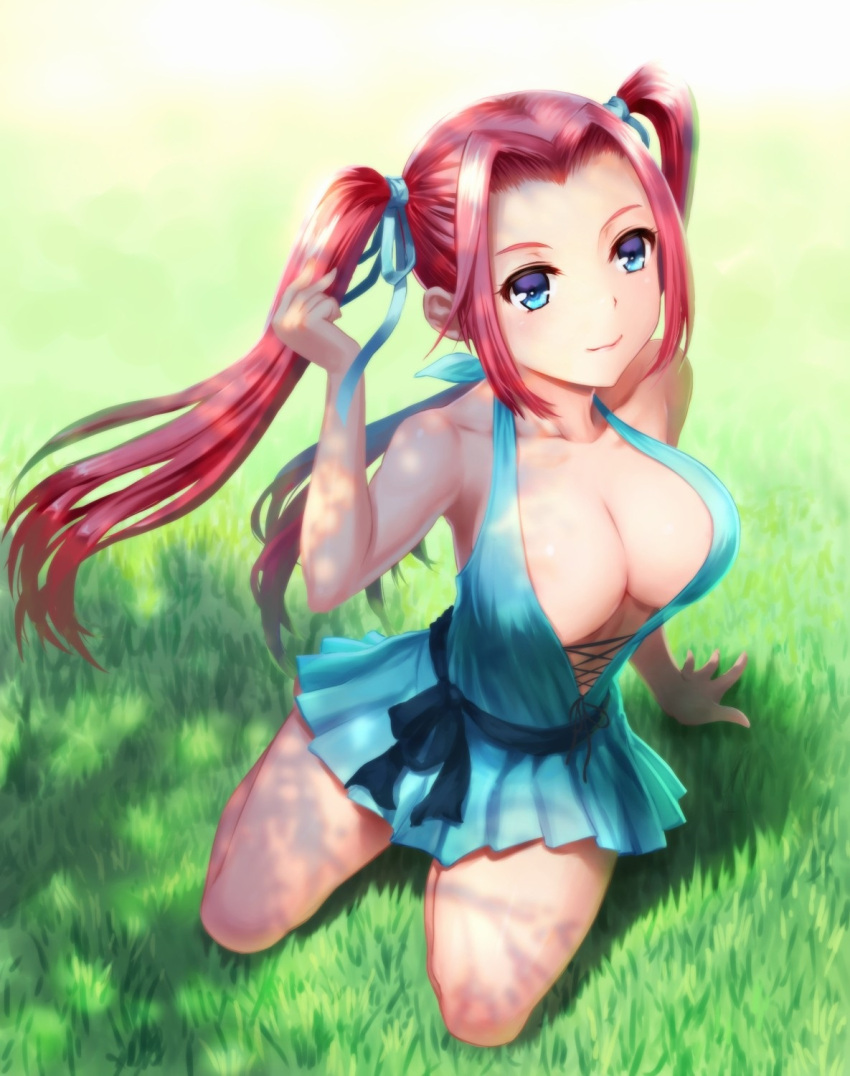 1girls blue_eyes breasts cleavage female female_only long_hair original original_character red_hair ribbon sitting sleeveless_dress wind yokozuwari youbou