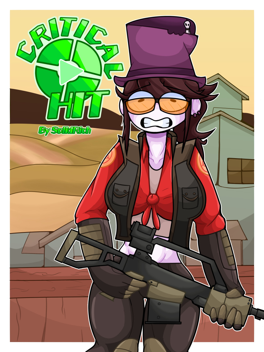 2021 big_breasts brown_hair comic crop_top eyebrows_visible_through_hair female fully_clothed glasses gloves hat holding_object holding_weapon jaiden jaiden_animations signature sniper_(team_fortress_2) solidrich team_fortress_2 tf2 thighs tied_shirt valve white_skin youtube youtuber youtuber_girl