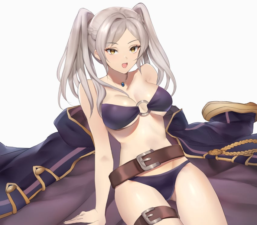 1girls belt bikini bikini_bottom bikini_top breasts ei1han female female_only fire_emblem fire_emblem_awakening fire_emblem_heroes light-skinned_female light_skin necklace nintendo open_mouth purple_bikini robin_(female)_(summer)_(fire_emblem) robin_(fire_emblem) robin_(fire_emblem)_(female) simple_background solo solo_female twintails white_background white_hair yellow_eyes yowuyoru