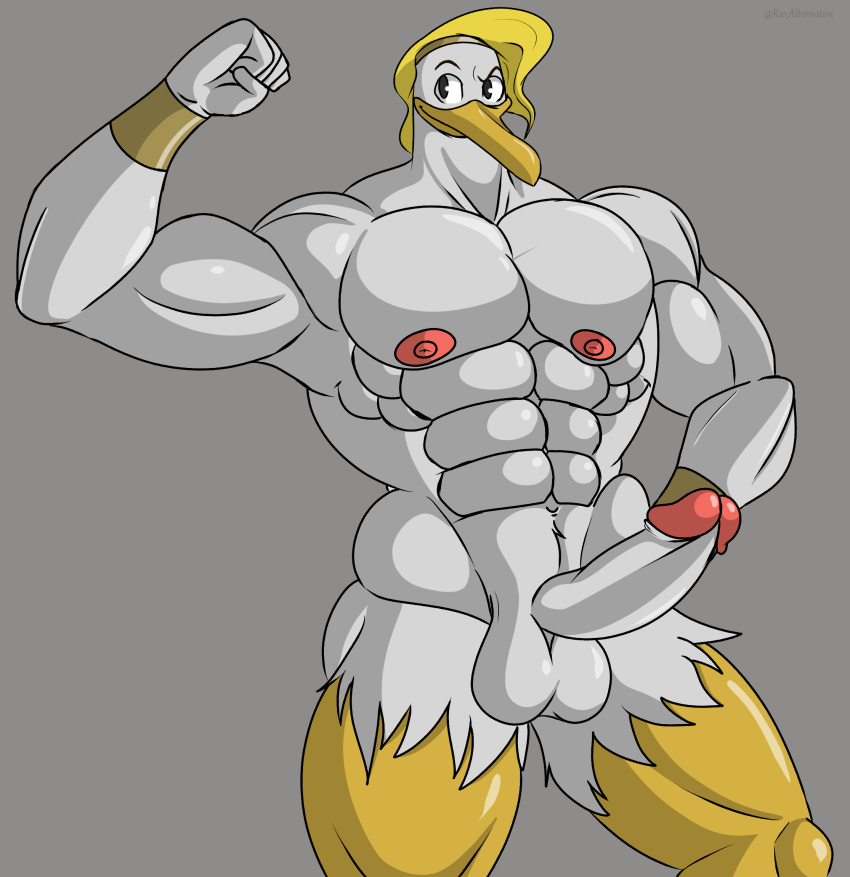 1boy anatid anseriform anthro armwear avian balls barazoku beak biceps bird clothing digital_media_(artwork) disney ducktales ducktales_(2017) feathers flexing genitals hair hi_res humanoid_genitalia humanoid_penis klr-rio male male_only mammal muscular muscular_anthro muscular_male nipples nude pecs penis simple_background smile solo stork storkules