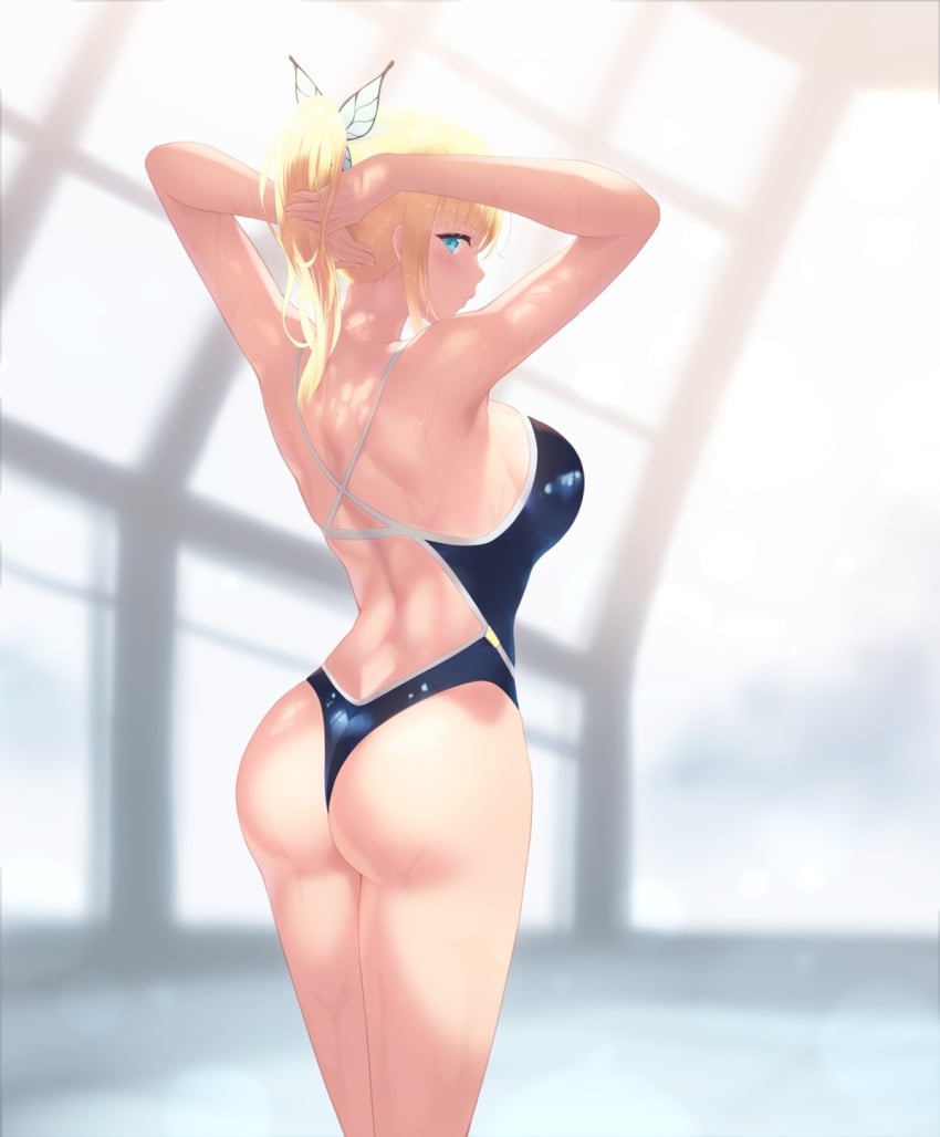 1girls 2019 arms_behind_back ass blue_eyes boku_wa_tomodachi_ga_sukunai breasts butterfly_hair_ornament cait female female_only gold_hair indoors looking_at_viewer looking_back one-piece_swimsuit poolside sena_kashiwazaki shoulder_blades sidelocks standing swimsuit that_pool wet