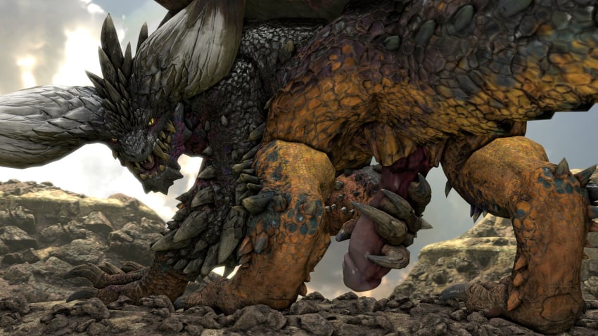 animal_genitalia ass barlu capcom claws dragon elder_dragon feral genitals hand_on_penis hi_res horn looking_at_viewer looking_back male masturbation monster_hunter nergigante penis pupils reptile rock scales scalie slit slit_pupils solo spikes spread_legs spreading standing teeth video_games wings