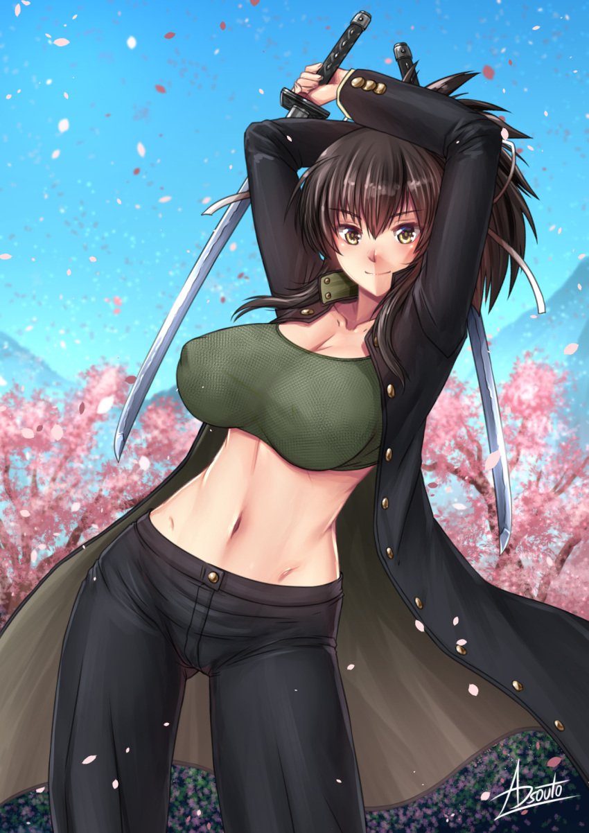 adsouto asuka_(senran_kagura) black_coat black_hair black_pants blush breasts brown_eyes brown_hair cherry_blossoms coat dual_wielding female flower green_shirt hair_ribbon highres holding holding_sword holding_weapon large_breasts long_coat long_hair looking_at_viewer marvelous navel open_clothes open_coat pants petals plum_blossoms ponytail ribbon senran_kagura shirt smile solo spring_(season) sword tree wakizashi weapon