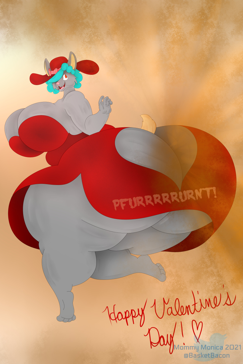 2021 absurd_res anthro ass ass_cleavage baconbasket big_breasts big_butt breasts butt_crack canid canine canis clothed clothing digital_drawing_(artwork) digital_media_(artwork) digital_painting_(artwork) english_text fart fart_cloud fart_fetish female hair hat headgear headwear hi_res huge_breasts huge_butt hyper hyper_breasts hyper_butt mammal monica_(baconbasket) musk obese obese_anthro obese_female overweight overweight_anthro overweight_female shaded signature simple_background smile solo ssbbw sun_hat text thick_thighs watermark wide_hips wolf