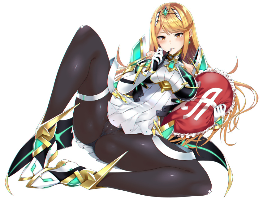 1girls armor bangs blonde_hair blush breasts earrings female gem gloves headpiece highres jewelry large_breasts leggings long_hair mythra nintendo panties pillow pussy simple_background sleeveless solo swept_bangs tiara tights underwear white_background xenoblade_(series) xenoblade_chronicles_2 yellow_eyes yuuki_shin