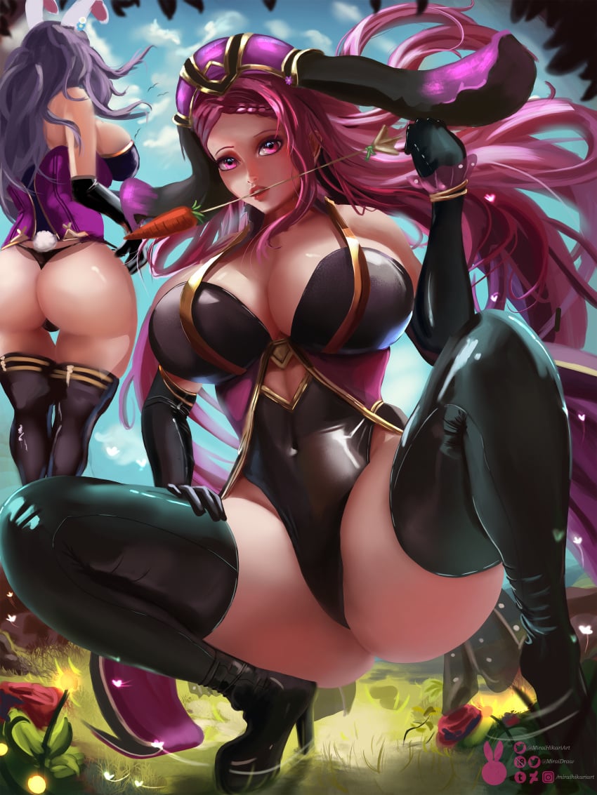 2girls alternate_costume ass back_view bare_thighs big_ass big_breasts bubble_butt bunny_ears bunny_girl bunnysuit camilla_(fire_emblem) camilla_(spring)_(fire_emblem) easter female_only fire_emblem fire_emblem_fates fire_emblem_heroes kneeling large_ass loki_(fire_emblem) loki_(spring)_(fire_emblem) maroon_eyes maroon_hair miraihikari multiple_girls nintendo purple_hair spring squatting voluptuous wavy_hair