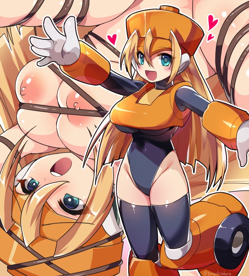 1girls armor big_breasts blonde_hair blush bondage breasts cyan_eyes fangs gloves heart large_breasts mega_man mega_man(classic) mega_man_3 multiple_views rule_63 thighhighs top_man torushitakara