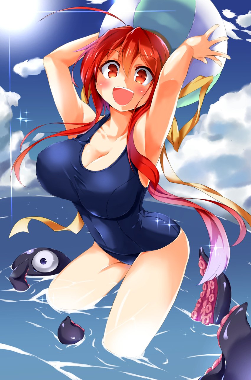 another_kung_fu_girl big_breasts cleavage cute dai_fuku imminent_rape imminent_sex in_water kuromaru_(mugen) m.u.g.e.n one-piece_swimsuit partially_submerged red_eyes red_hair smile swimsuit tentacle volleyball water