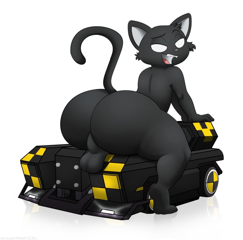 anthro ass backsack balls big_butt black_body black_fur black_skin clothing crazyracing_kartrider domestic_cat featureless_eyes felid feline felis fur genitals hi_res looking_back male mammal nexon presenting presenting_hindquarters smushpretzel solo solo_focus vehicle wyler_(1033)