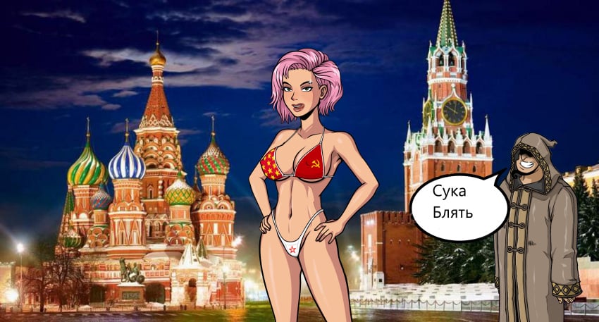 1boy 1girls akabur background bikini breasts city cleavage clothed_female clothed_male detailed_background dialogue duo eyebrow_piercing female front_view grin hand_on_hip hands_on_hips harry_potter hood light-skinned_female light_skin looking_at_viewer male mashinav1 medium_breasts night nipple_bulge nymphadora_tonks open_mouth outside parted_lips piercing pink_hair red_clothing russia russian_text screenshot_background shiny_skin short_hair speech_bubble tagme teeth teeth_clenched text tongue tongue_out white_clothing witch_trainer