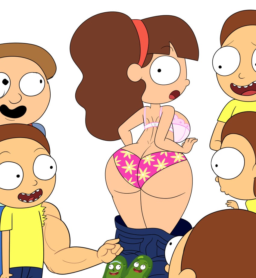 1girls 5boys ass ass_cleavage big_ass big_breasts big_butt bra brown_hair butt_crack clones cloudcyanide embarrassed female jeans male morticia_smith morty_smith panties pocket_mortys rick_and_morty rule_63 selfcest sideboob tagme underwear