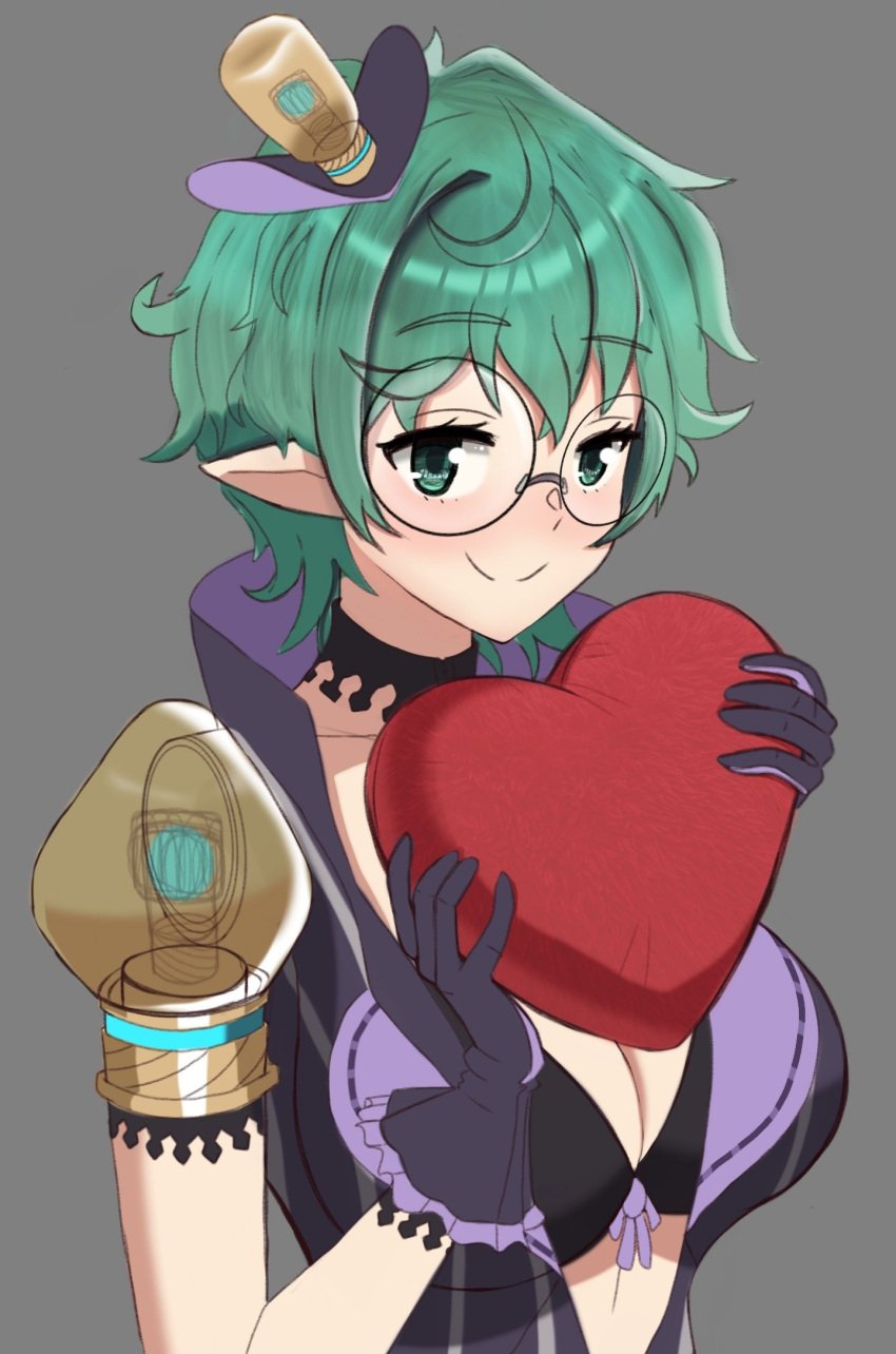 alternate_breast_size bra breasts cleavage curly_hair desspie female glasses gloves green_hair grey_background hat heart high_collar highres jacket large_breasts light_bulb nintendo open_clothes open_jacket pandoria_(xenoblade) pointy_ears round_eyewear short_green_hair short_hair simple_background smile solo solo_female underwear xenoblade_(series) xenoblade_chronicles_2