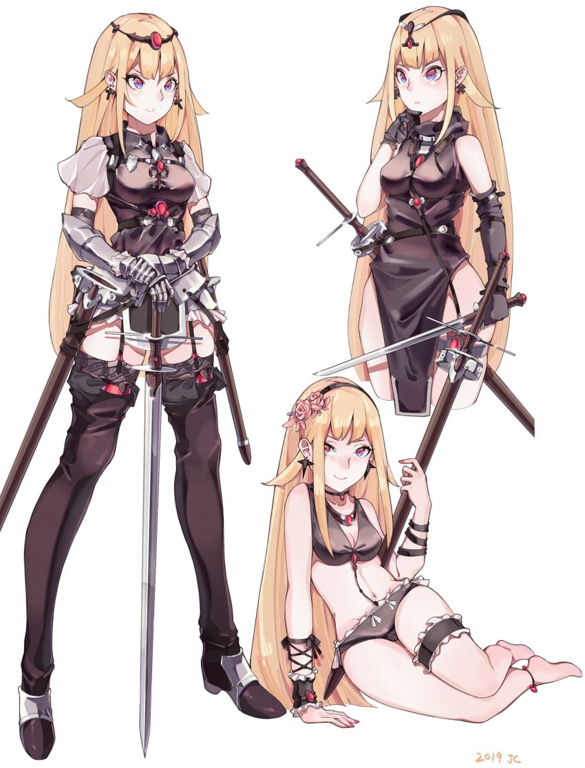 1girls blonde_hair boots cleavage female female_only jc1518157 long_hair multiple_views sword thick_thighs