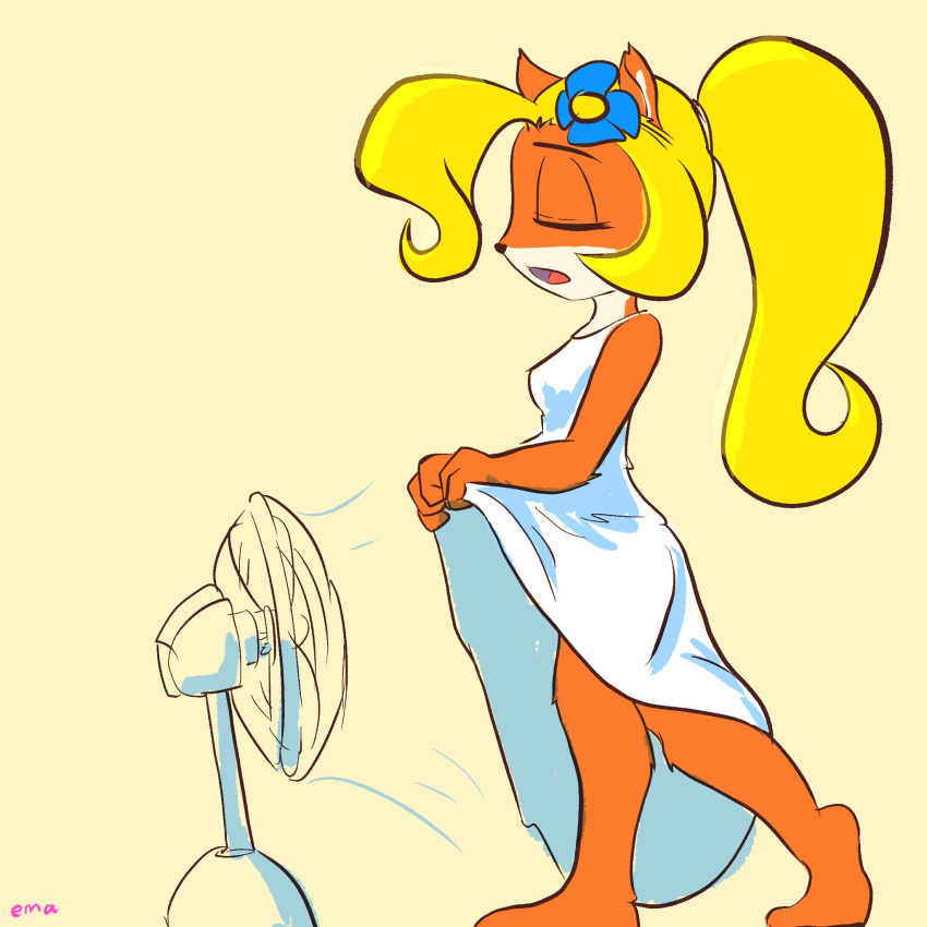 aroused blonde_hair blue_flower closed_eyes clothing coco_bandicoot cooling_off crash_(series) dress electric_fan ema_npr fan flower furry horny lifting_skirt open_mouth orange_fur ponytail white_dress