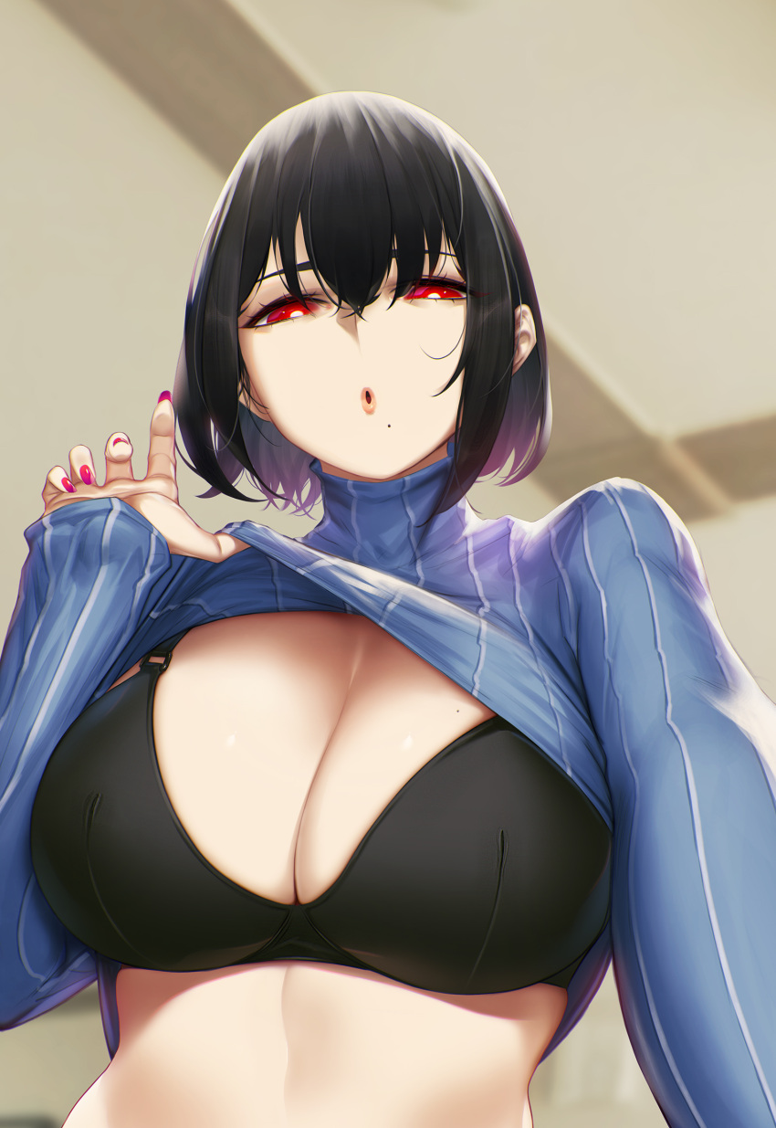 bangs black_bra black_hair blue_sweater blueorca bra breasts clothes_lift commentary female highres indoors large_breasts lifted_by_self mole mole_on_breast nail_polish open_mouth original outstretched_arm purple_nails red_eyes self_shot short_hair solo sweater sweater_lift turtleneck turtleneck_sweater underwear upper_body