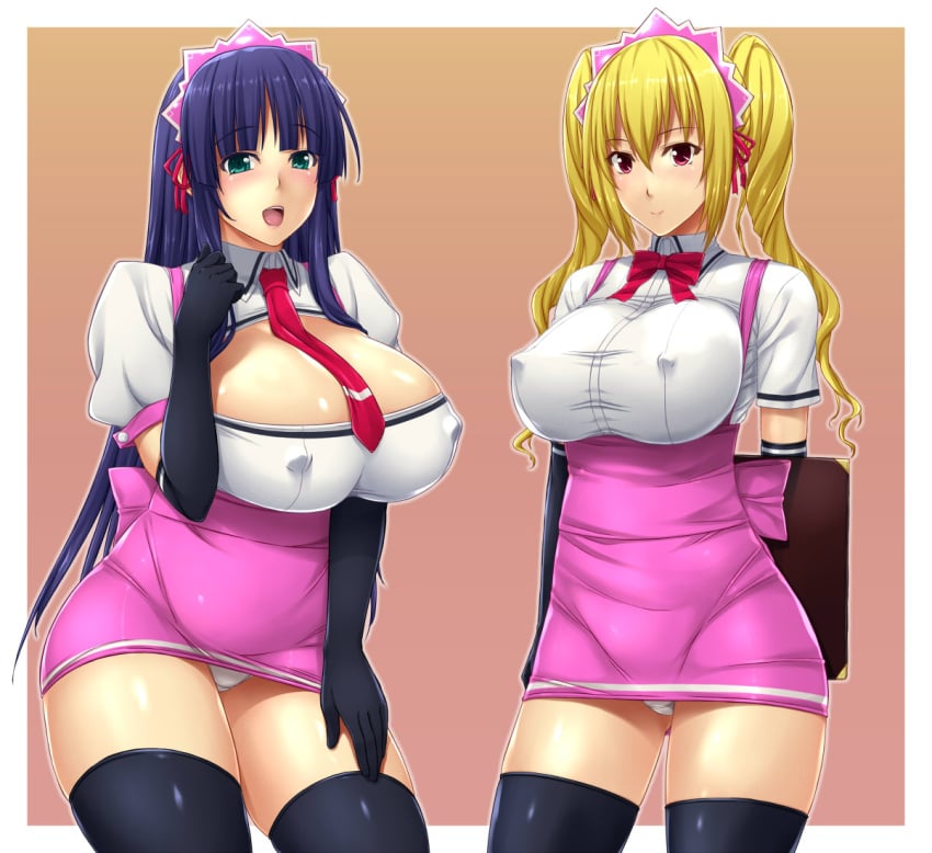 2girls akiha_(mayoiga_no_onee_san) aqua_eyes arms_behind_back black_legwear blonde_hair blue_hair blush bow bowtie breasts covered_erect_nipples curvy elbow_gloves gloves high-waist_skirt huge_breasts kuimono long_hair looking_at_viewer maid_headdress mayoiga_no_onee_san mikemono_yuu miniskirt multiple_girls necktie open_mouth original panties pantyshot pencil_skirt pink_eyes pink_skirt simple_background skirt striped striped_skirt thighhighs twintails underwear waitress white_panties