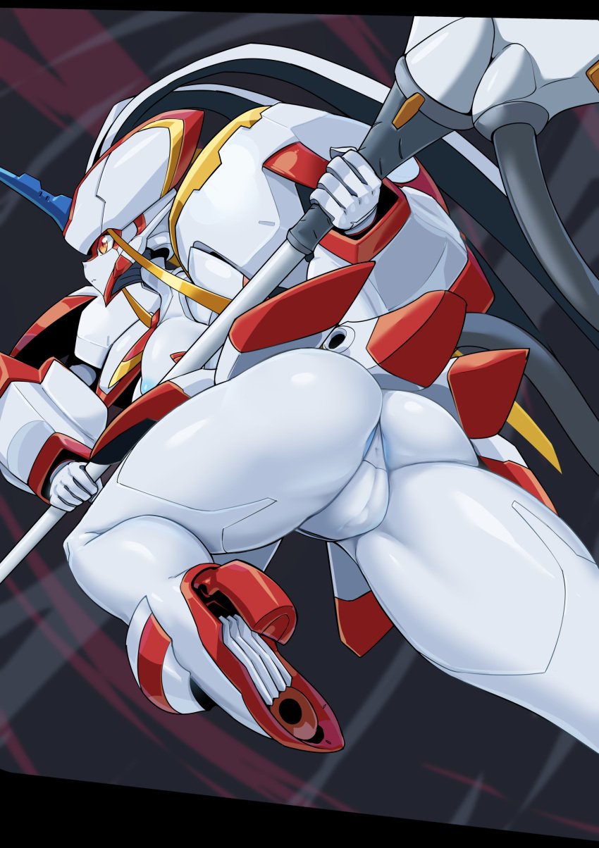 1girls absurdres android anus anus_peek ass blue_anus blue_nipples breasts cameltoe darling_in_the_franxx female high_resolution highres horn hybrid in_profile looking_away nipples one_leg_raised orange_eyes pale-skinned_female pale_skin panties partially_visible_anus pochincoff robot robot_girl strelizia topless underwear weapon white_breasts white_panties white_underwear