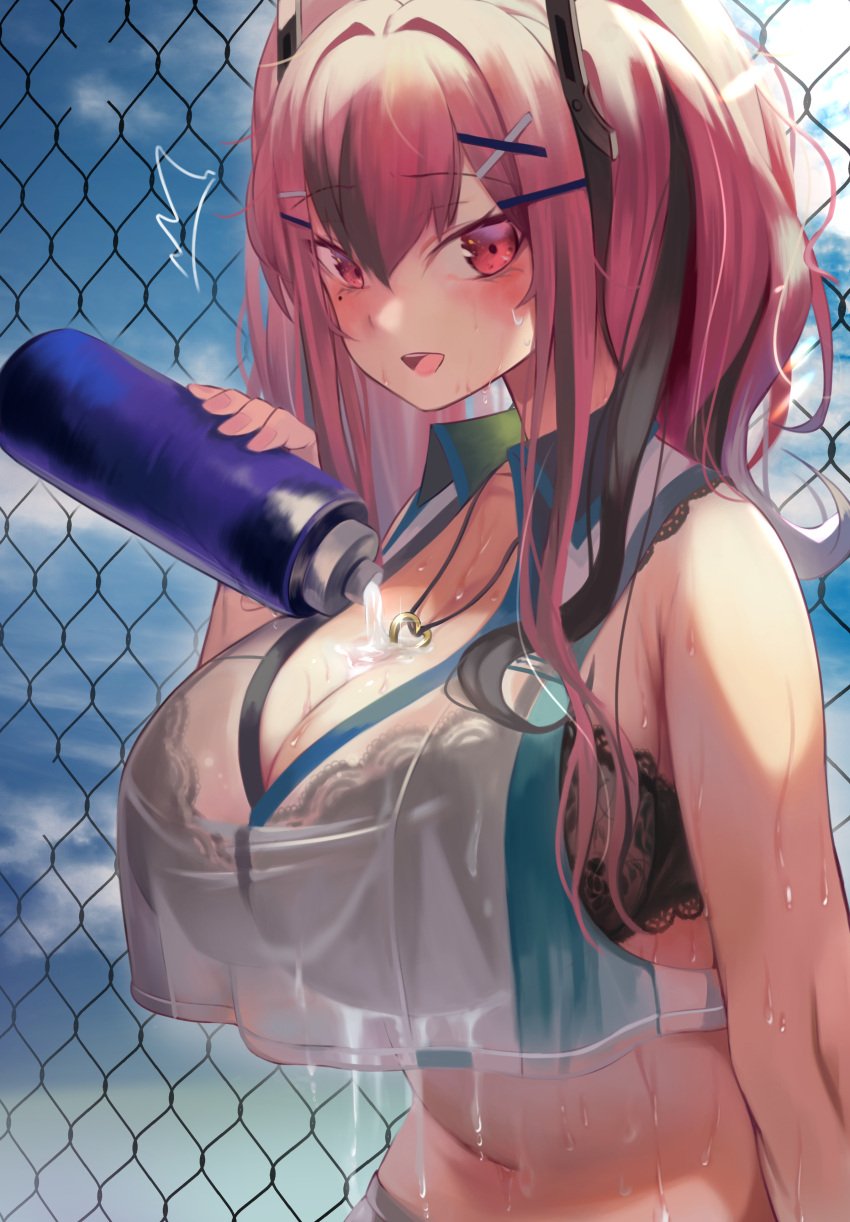 :d ^^^ absurdres azur_lane bangs bare_shoulders black_bra blue_sky blush bottle bra breasts bremerton_(azur_lane) bremerton_(scorching-hot_training)_(azur_lane) chain-link_fence cleavage collarbone collared_shirt commentary_request crop_top crop_top_overhang eyebrows_visible_through_hair female fence hair_between_eyes hair_intakes hair_ornament hairclip heart heart_necklace highres lace lace-trimmed_bra lace_trim large_breasts long_hair looking_at_viewer midriff mole mole_under_eye multicolored_hair navel open_mouth pink_eyes pink_hair pouring_onto_self revision see-through shirt sidelocks sky sleeveless sleeveless_shirt smile solo sportswear streaked_hair sweat tennis_uniform torriet twintails two-tone_shirt underwear upper_body upper_teeth water_bottle wet wet_clothes wet_shirt x_hair_ornament