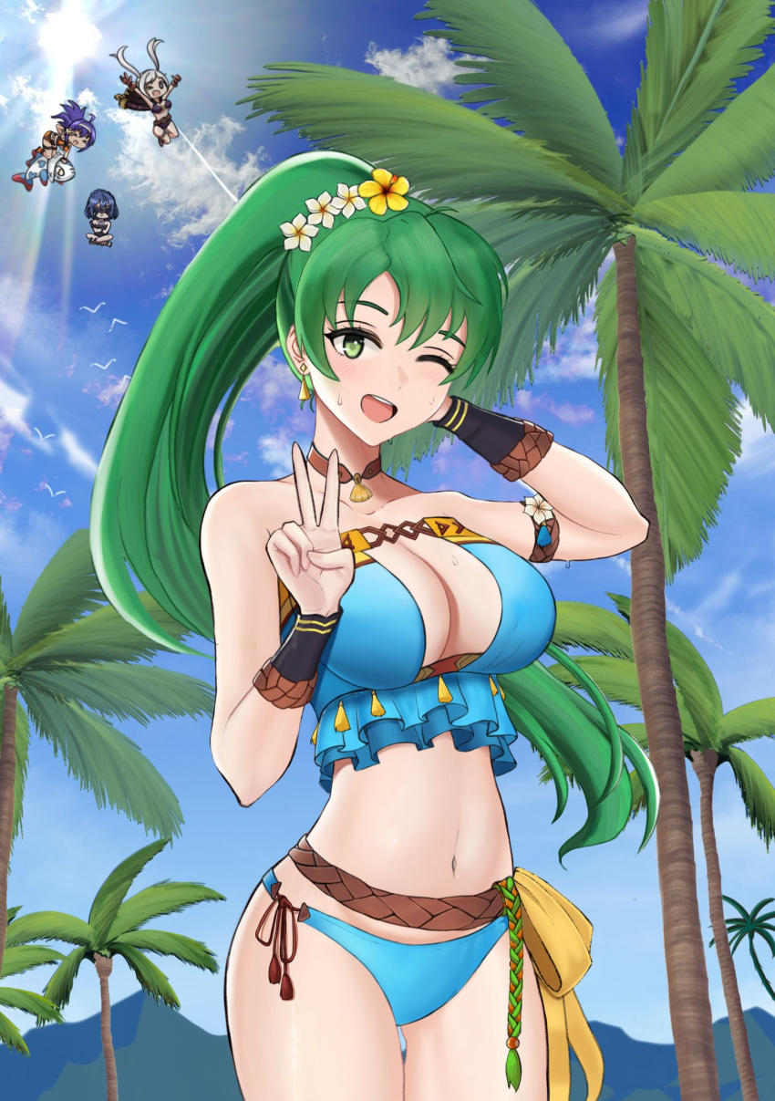 4girls bikini blue_hair blue_sky breasts cleavage cloud day desspie earrings female female_only fire_emblem fire_emblem:_path_of_radiance fire_emblem:_radiant_dawn fire_emblem:_the_blazing_blade fire_emblem_awakening fire_emblem_heroes green_eyes green_hair highres jewelry lilith_(fire_emblem) long_hair lucina_(fire_emblem) lucina_(summer)_(fire_emblem) lyn_(fire_emblem) lyn_(summer)_(fire_emblem) marth_(fire_emblem_awakening) mask mia_(fire_emblem) mia_(summer)_(fire_emblem) multiple_girls nintendo one_eye_closed open_mouth outdoors palm_tree ponytail robin_(female)_(summer)_(fire_emblem) robin_(fire_emblem) robin_(fire_emblem)_(female) short_hair sky solo_focus swimsuit tree twintails v white_hair