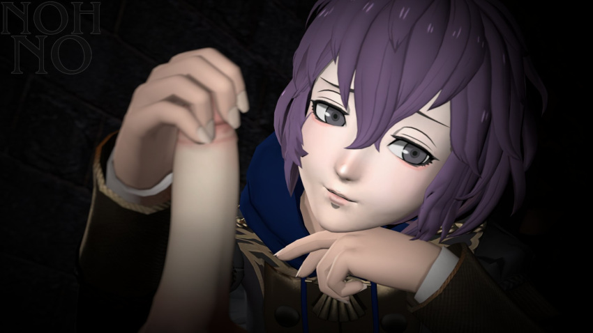 1girls 3d bernadetta_von_varley byleth_(fire_emblem) byleth_(fire_emblem)_(male) fire_emblem fire_emblem:_three_houses grey_eyes handjob nintendo nohno purple_hair short_hair