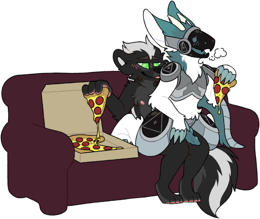 anthro arachnope casual_sex cybernetics cyborg duo food hi_res knot korin_(sirhades123) machine male male/male male_penetrated male_penetrating male_penetrating_male mammal mephitid penetration pizza protogen river_(character) robot sex skunk