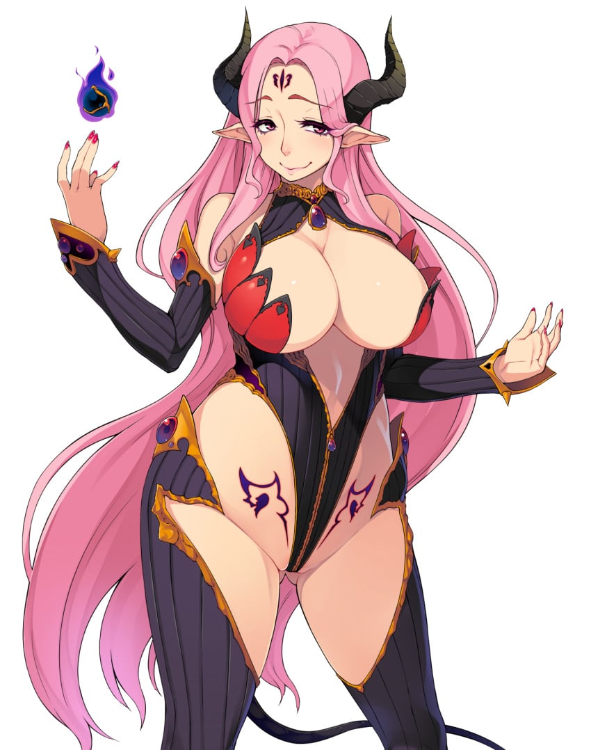 bare_shoulders blush boots cleavage cleavage_cutout curvy demon_girl detached_sleeves erectlip fingernails game_cg highres horns huge_breasts kyonyuu_daimaou_no_dosukebe_quest:_kanzen_haiboku_shita_shounen_yuusha-kun_uc long_hair looking_at_viewer nail_polish pink_eyes pink_hair pointy_ears red_nails solo standing succubus suruga_kuroitsu tattoo thighhighs white_background