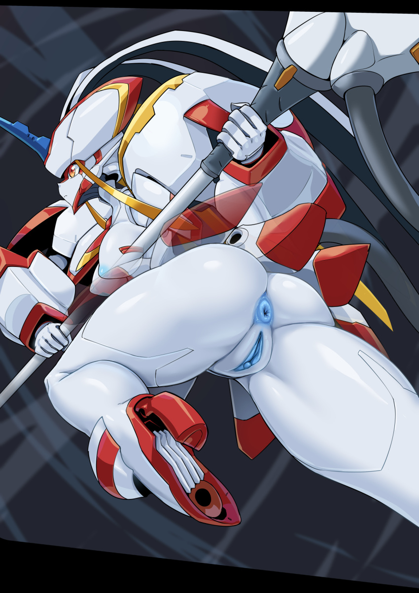 1girls absurdres android anus ass blue_anus blue_nipples blue_pussy breasts clitoris darling_in_the_franxx female high_resolution highres horn hybrid in_profile looking_away nipples one_leg_raised orange_eyes pale-skinned_female pale_skin pochincoff pussy robot robot_girl strelizia uncensored weapon white_breasts