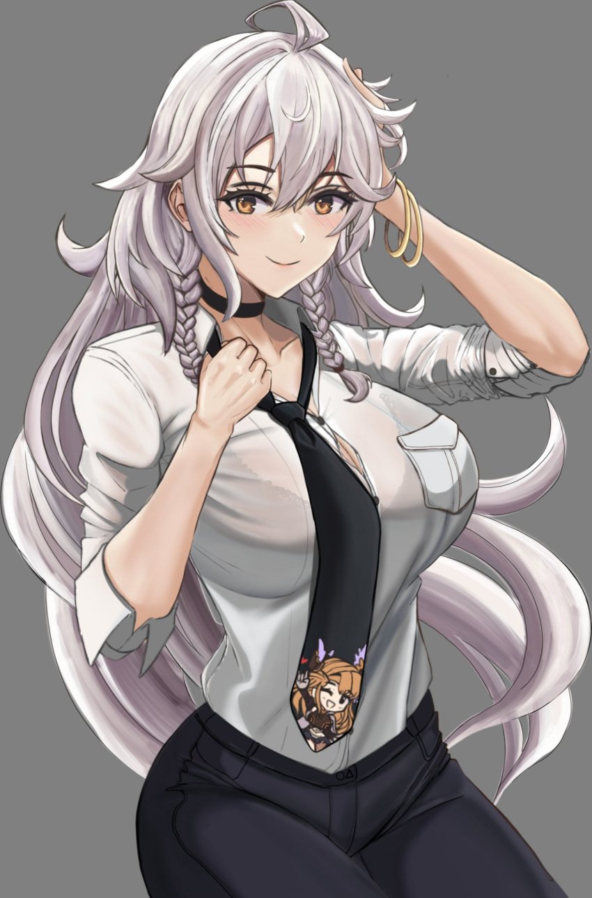 ahoge alternate_costume bangs black_choker black_neckwear black_pants blush braid bralines breasts brown_hair button_gap choker cleavage closed_mouth collared_shirt curvy desspie dress_shirt female granblue_fantasy grey_background hair_between_eyes hand_on_head highres large_breasts long_hair loose_necktie necktie office_lady one_eye_closed open_mouth pants see-through shirt silva_(granblue_fantasy) silver_hair sleeves_folded_up smile solo solo_female song_(granblue_fantasy) twin_braids wavy_hair white_shirt yellow_eyes