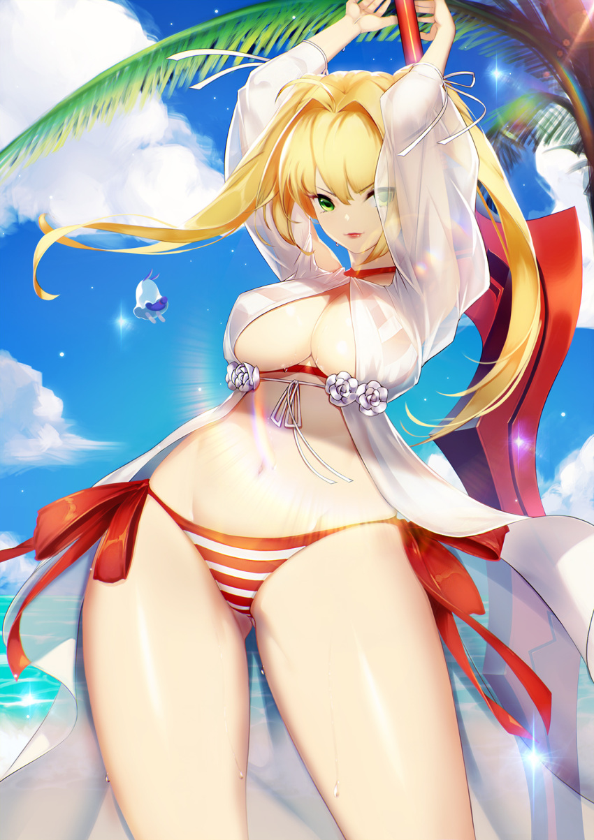 aestus_estus ahoge arms_up bangs bare_shoulders bikini blonde_hair blue_sky blueorca blush breasts cleavage collarbone criss-cross_halter dress earrings fate/grand_order fate_(series) female gown green_eyes hair_between_eyes hair_intakes halterneck highres jewelry large_breasts long_hair looking_at_viewer navel nero_claudius_(fate) nero_claudius_(swimsuit_caster) palm_tree red_bikini side-tie_bikini sky smile striped striped_bikini swimsuit sword thighs tree twintails weapon