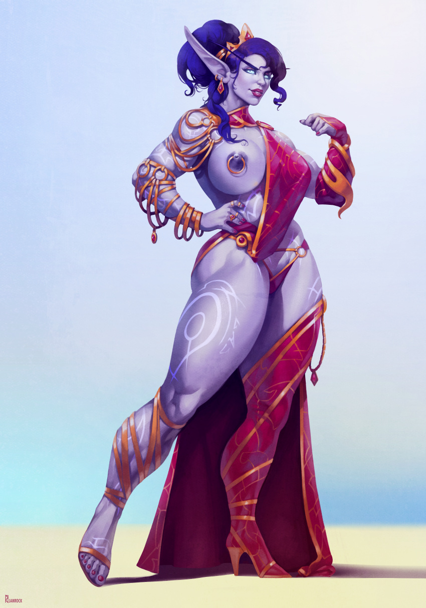 blue_eyes breasts busty elf female high_heels janrock large_breasts muscles muscular_female nipple_piercing nipples piercing pointy_ears ponytail purple_skin thick_thighs void_elf world_of_warcraft