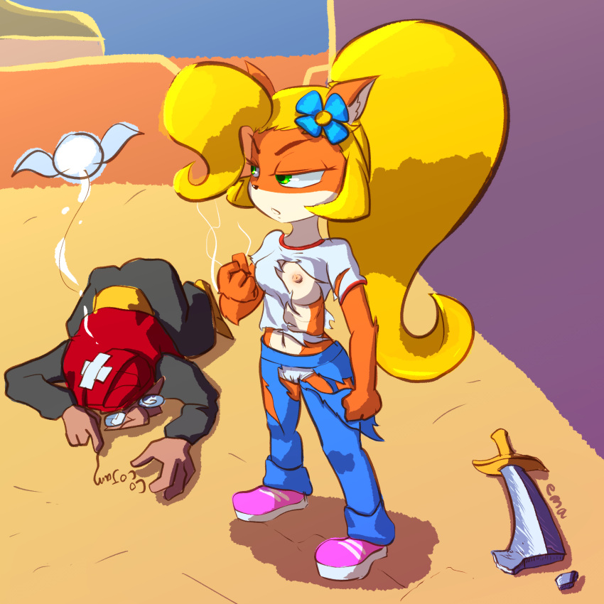 blonde_hair coco_bandicoot crash_(series) crash_bandicoot:_warped ema_npr exposed_breast exposed_panties fur furry human lab_assistant_(crash_series) orange_fur ponytail ripped_clothing white_panties