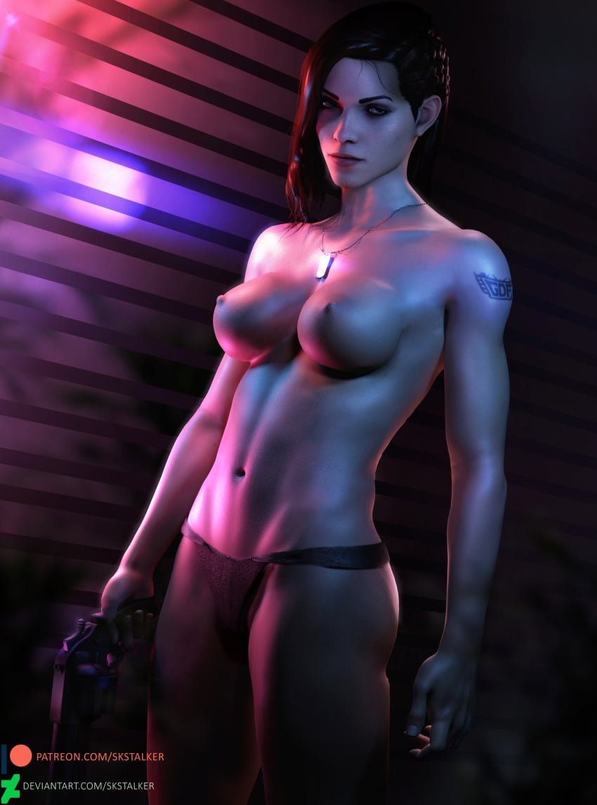 1girls 3d 3d_realms bombshell bombshell_(series) breasts casual clothing dog_tags female female_only firearm gun handgun human ion_fury jewelry necklace pale_skin panties revolver shelly_harrison skstalker solo solo_female tattoo topless weapon