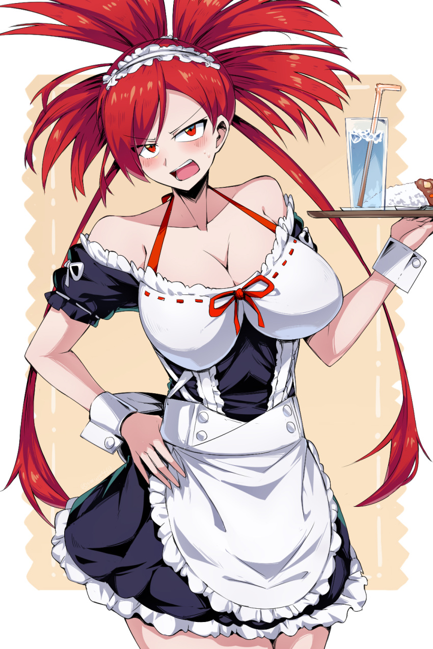 alternate_breast_size angry apron big_breasts blush colored female female_only flannery_(pokemon) game_freak gym_leader large_breasts maid maid_apron maid_headdress maid_uniform nintendo pokemon pokemon_rse red_eyes red_hair solo suzusiigasuki sweat sweatdrop tagme waitress