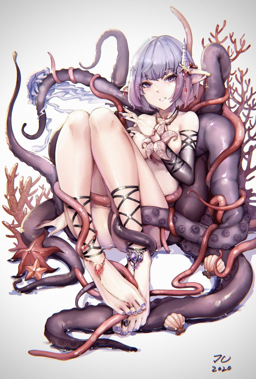 1girls anklets barefoot barefoot_sandals feet female female_only gloves jc1518157 looking_at_viewer nail_polish short_hair smile smiling smiling_at_viewer tentacle toenail_polish