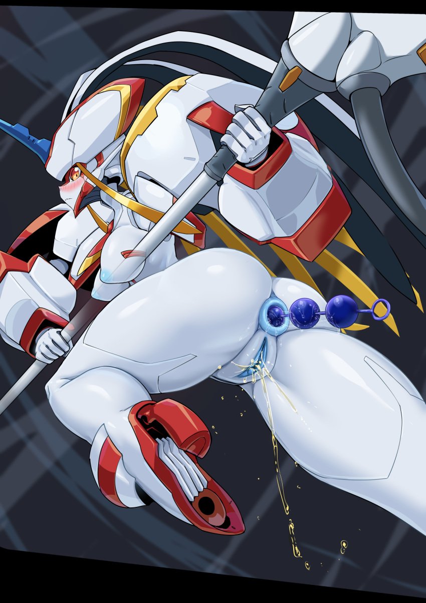 1girls absurdres anal_beads anal_insertion anal_juice anal_object_insertion android anus ass blue_anus blue_nipples blue_pussy blush breasts clitoris darling_in_the_franxx female high_resolution highres horn hybrid in_profile looking_at_viewer nipples one_leg_raised orange_eyes pale-skinned_female pale_skin peeing pochincoff pussy robot robot_girl sex_toy strelizia uncensored urine weapon white_breasts