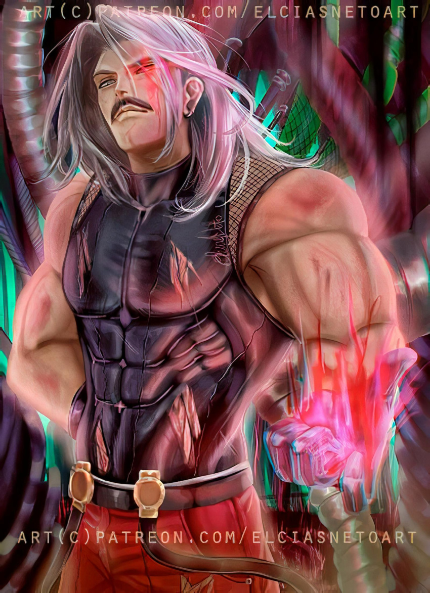 1boy blood_stain elciasneto king_of_fighters male_only muscular muscular_male omega_rugal rugal_bernstein scars serious_look snk solo_male tight_clothing white_hair