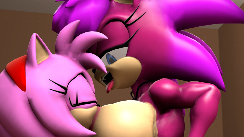 3d 3d_(artwork) amy_rose breasts duo feet hair half-closed_eyes lolko looking_down nipples open_mouth pink_body pink_hair sonia_the_hedgehog sonic_(series) sonic_underground yuri