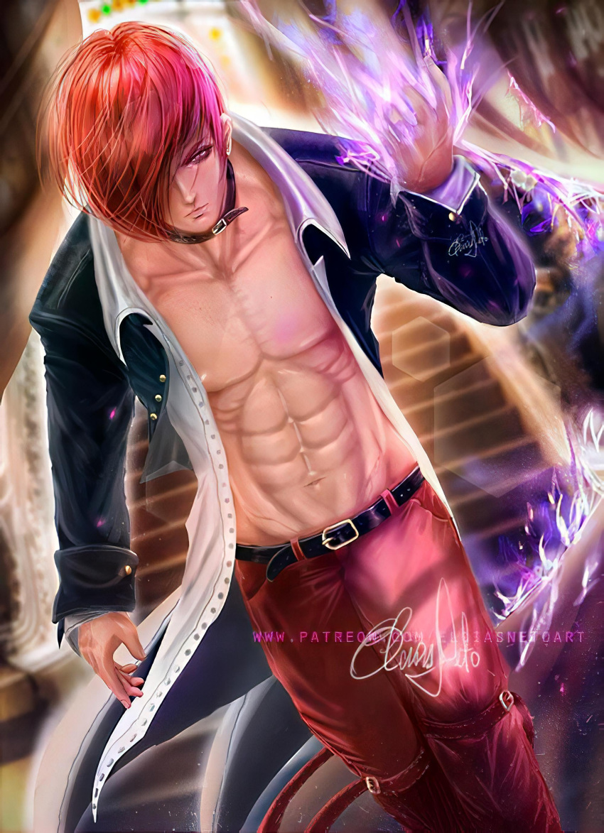 1boy belt elciasneto iori_yagami jacket jacket_open king_of_fighters male_only muscular muscular_male purple_flame_(noun) red_hair serious_look signature snk solo_male