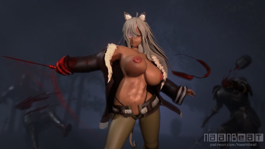 1girls 3d 3d_(artwork) abs animal_ear_fluff animal_ears areolae big_breasts black_jacket blender blood blood_on_hand blood_on_weapon bra_removed breasts dark-skinned_female dark_skin decapitation eyepatch female fight fighting ghislaine_dedoldia gray_hair jacket knight large_breasts long_hair muscular mushoku_tensei naanbeat nipples scar scar_on_stomach sword tagme tail toned toned_female