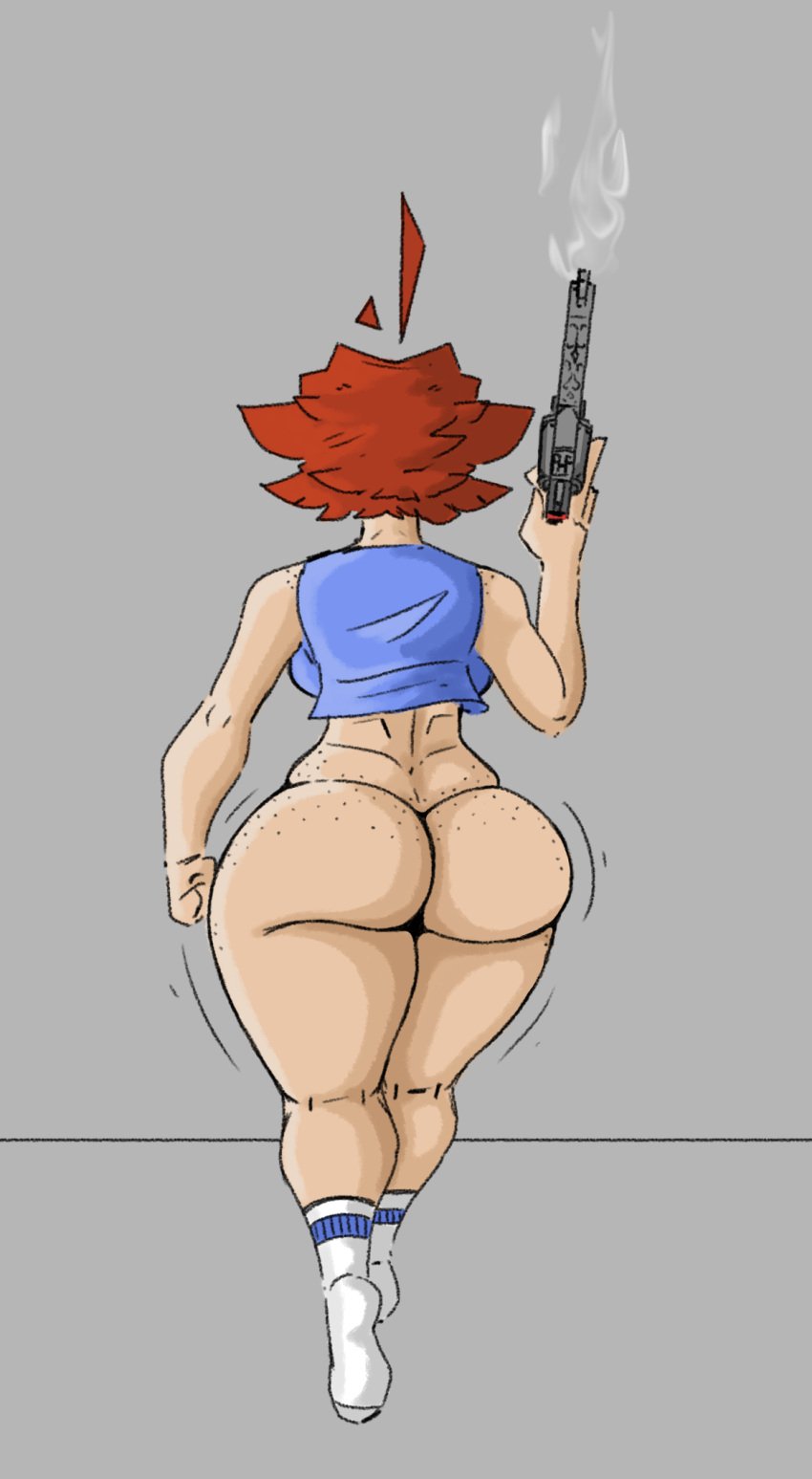 big_ass color freckles freckles_on_ass gun holding_weapon huge_ass light-skinned_female mae_(shewiff) original_character red_hair shewiff simple_background sketch smoking_gun thick_thighs